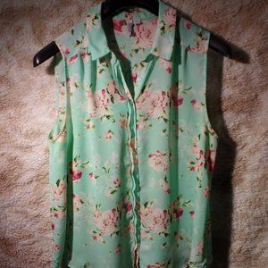 Elle seafoam green sleeveless blouse with pink camelias XL